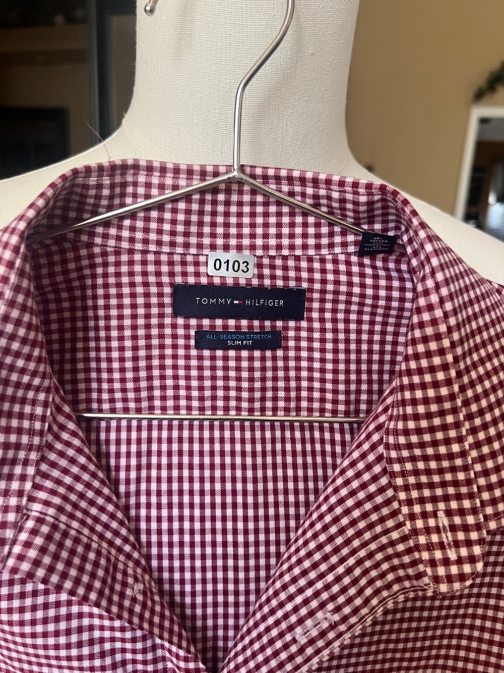 Tommy Hilfiger Men's Red and White Gingham Button-Down Shirt